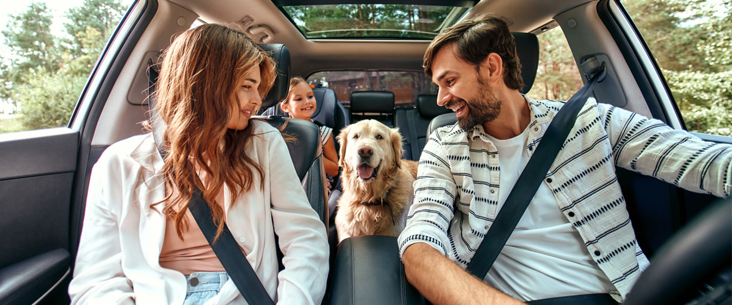 Family happily riding in car with their dog after refinancing auto loan at Credit Union of Ohio
